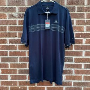 Nike NWT Athletic Golf Polo blue with white stripes Grand Bear shirt Size large